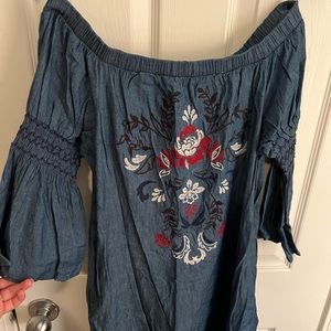 Off the Shoulder Jean Dress w/Embroidery